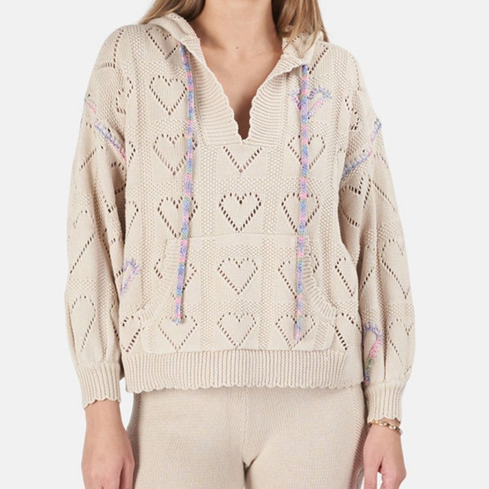 Loveshack Fancy Meara Hoodie in Sunset Wheat - Heart Pointelle Sweater Pullover